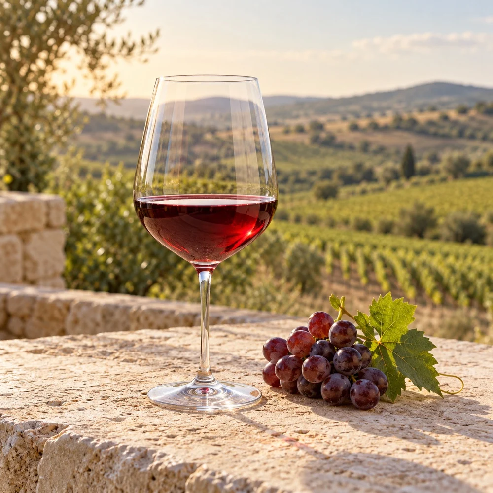 Calice di vino rosso rubino con uva scura e paesaggio mediterraneo sullo sfondo